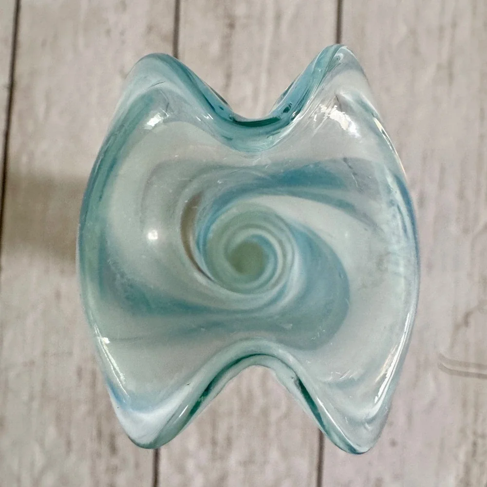 Art Glass Bud Vase Aqua Teal White Swirl Hand Blown Ruffled Rim 7.5 inch